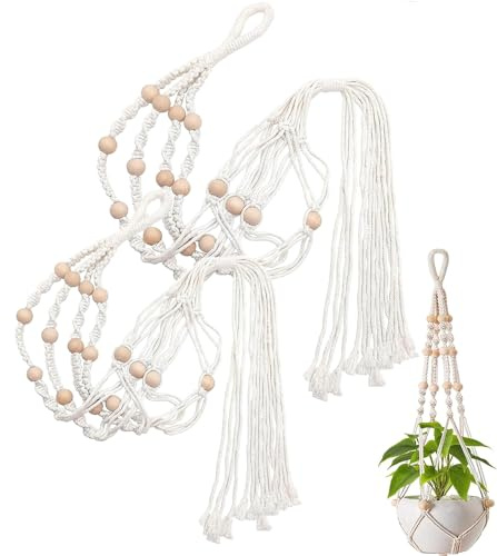 Ruikcoll Macrame Plant Hanger, Flower Pot Holder Cotton Rope, Indoor Hanging Planter Basket, with Beads Tassels for Indoor Outdoor, Wall Hanging Plants, Office, Home Decoration, 100cm (2 Pack)