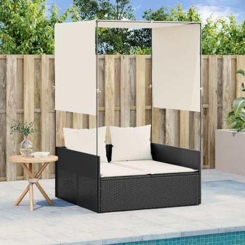 Gecheer Rattan Doppel-Sonnenliege, Gartenliege mit Dach und Vorhängen, PE-Rattan, Relaxliege für Garten, Terrasse, Outdoor