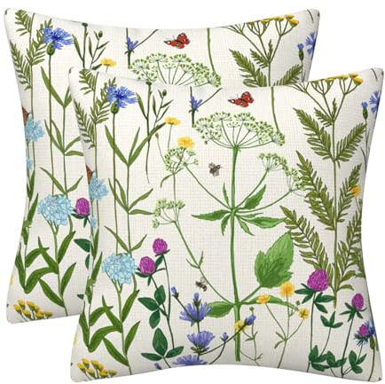 DILOXNSU Cushion Covers 50 x 50 cm Colorful Wild Herbs Flowers Set of 2 Double Sided Pillow Covers 18x18 Inch Decorative Cushions Cases Linen Home Decorations for Sofa Couch Outdoor Garden Decor