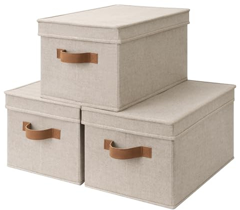 StorageWorks Aufbewahrungskorb mit Deckel, dekorative Kisten Aufbewahrung mit Deckel, faltbare Aufbewahrungsbox für Kleidung, Büromaterial, Organizer Box, braun und Beige, groß, 3 Stück