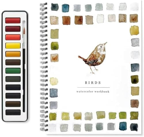 Cuaderno de acuarela, ideal para principiantes, con diseño de aves, set de 12 colores de acuarela con pincel, materiales para manualidades y pintura, libro de acuarela para adultos y adolescentes.