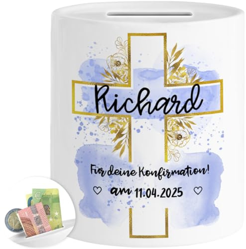 Tassenliebling® Konfirmation Spardose personalisiert mit Datum und Namen für Mädchen und Jungen - Weiß - Beidseitiger Druck - Christliche Geschenke zur Konfirmation