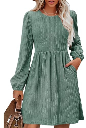 Zeagoo Vestido de manga larga para mujer, con bolsillos, cuello redondo, de punto, casual, acampanado, para otoño e invierno, verde menta, M