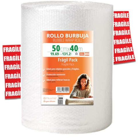 OFITURIA Papier Bulles Emballage 50cm x 40m – Pack Fragile avec 12 Étiquettes “FRAGILE” – idéal pour emballage colis, papier bulle déménagement, bubble wrap