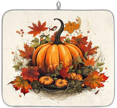 Pumpkin Maple Leaves Absorbent Dish Drying Mat for Kitchen Counter, Reversible Microfiber Dish Drying Pad with Hanging Loop for Glassware Utensils Pots 16x18 in