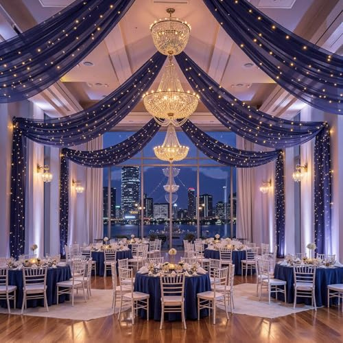 FrohFest 6 Panels Dark Blue Ceiling Curtains with Lights for Weddings - 5ftx20ft Wrinkle-Free Tulle Fabric Wedding Arch Draping Ceiling Drapes Decorations for Wedding Party Ceremony Stage Tent Event
