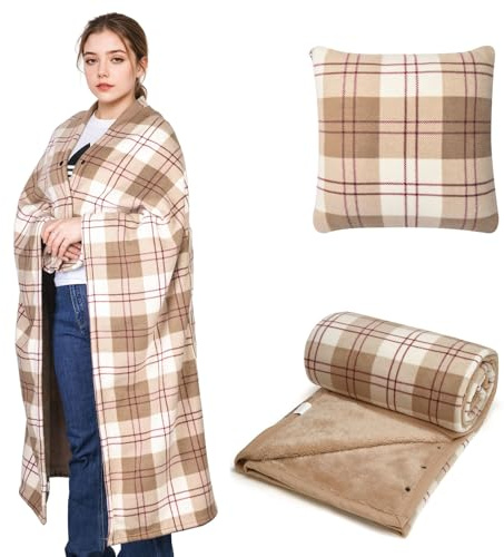 SIVENKE Coperta portatile, cuscino compatto 2 in 1, coperta da donna in pile con bottone, copriletto a quadri, cuscino per letto, divano, ufficio
