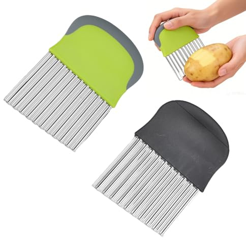 LEIIERUY 2er Set Wellenmesser aus Edelstahl – Gemüse Schneider für Kartoffeln, Obst, Butter & mehr – Wellenschneider in Groß (Grün) & Mittel (Schwarz) – Ideal für kreative Küchenarbeit