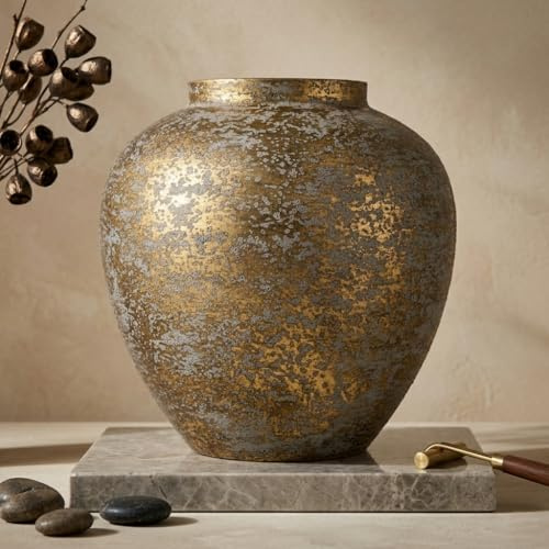 Metallvase Modern 29 cm – Große Dekovase für Pampasgras & Trockenblumen, Runde Vintage Metall Vase Wohnzimmer Deko, Rustikale Tischvase Industrial Stil, Antik Gold