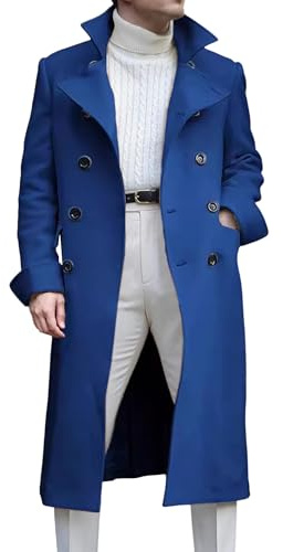 Trench da uomo a lunghezza intera, con risvolto a doppio petto, in misto termico, cappotto classico lungo da uomo, Blu, L
