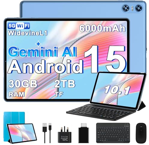 SEBBE Tablet 10 Inch Android 15, Gemini AI, 30GB RAM + 2TB TF, 6000mAh,Octa-Core,Widevine L1,WiFi 6,5 MP + 8 MP,1280 * 800 Pixels,GMS,Bluetooth 5.0, Tablet with Keyboard and Mouse-Blue