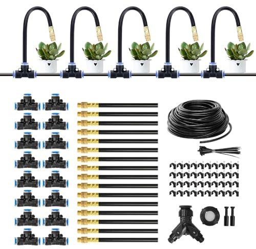 Nzkeuf 360° Adjustable Irrigation System Kit, 30M/ 100 FT Garden Watering System with 1/4 Fast-Lock Tubing - 16 Pcs 360° Adjustable Nozzles for Outdoor Plants, Garden, Yard, Lawn, Greenhouse