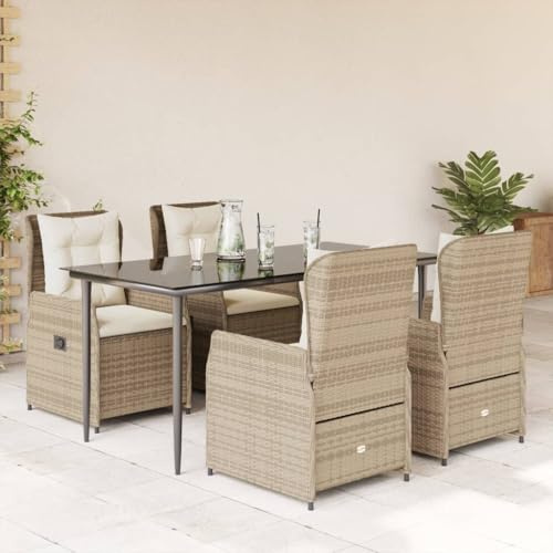 Mokuyary Grupo de comedor de jardín de 5 piezas con cojín, beige, poliratán poliral, juego de asientos con sillas y mesa, juego de muebles de balcón para terraza, jardín, balcón, B-1