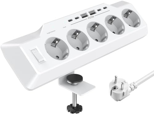 Vipwell Tischsteckdose Klemmbar mit USB C PD35W, 5-Fach Mehrfachsteckdose Schreibtisch-Anschraubbar, 11 in 1 Steckdosenleiste Tisch mit 2M Kabel und Überspannungsschutz für Büro und Zuhause