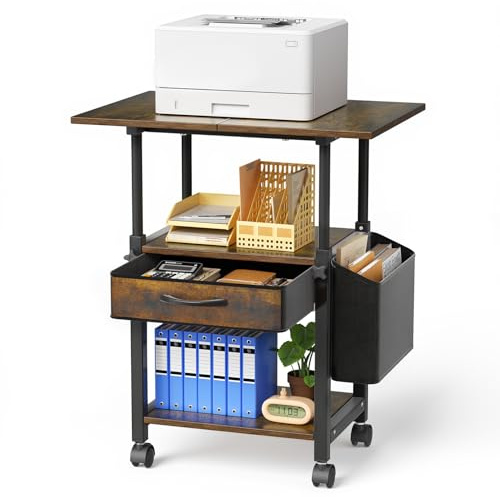 Reomdara Mesa de impresión con ruedas Soporte de impresora de 3 niveles, mesa de impresora con cajón y bolsillo lateral, carrito grande con ruedas con estante ajustable para oficina y hogar (2)