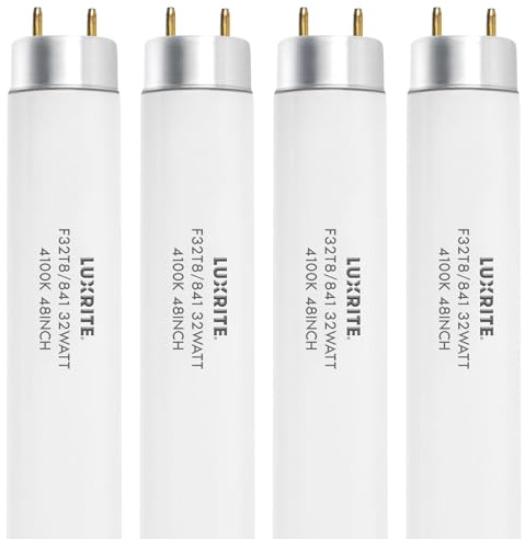 LUXRITE F32T8/841 T8 Fluorescent Tube Light Bulb (1 Diameter), 32W, 48 Inch, 4100K Cool White, 2800 Lumens, G13 Bi-Pin Base, (T8 Only, Not Compatible with T12 or LED Fixtures) - LR20732, 4-Pack