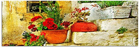 Paul Sinus Art Bilder Wand Bild - Kunstdruck 150x50cm Steinhaus Treppe Blumen Griechenland
