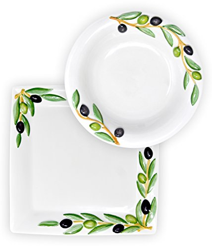 Lashuma Lot de 2 services combinés, motif olive, assiettes creuses de 23 cm et plateau de service de 27 x 27 cm, en céramique italienne, faits à la main