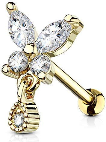 Tapsi´s Coolbodyart® Ohr Cartilage Tragus Barbell Edelstahl Chirurgenstahl 316L Gold Schmetterling Tropfen Zirkonia