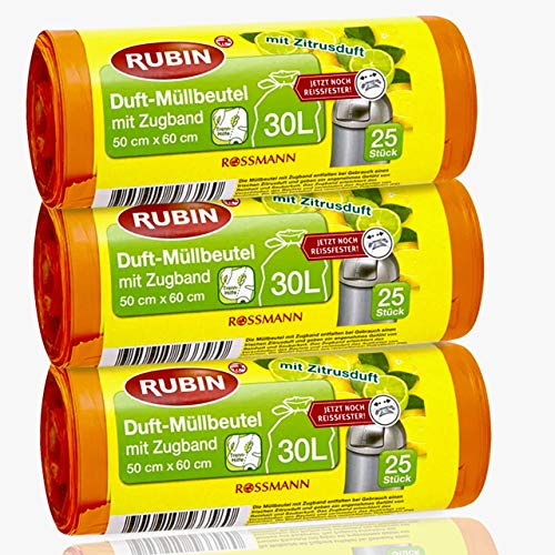 Rubin doftsoppåse - 30 liter - återvinningsbar med dragband och särskilt slitstark - 75 stycken - 3-pack 3 x 25 stycken)