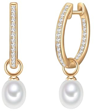 Valero Pearls Damen-Creolen Sterling Silber 925 gelbvergoldet Süßwasser-Zuchtperlen weiß - Ohrhänger für Frauen in Gelbgold-Farben mit Süßwasser-Perle
