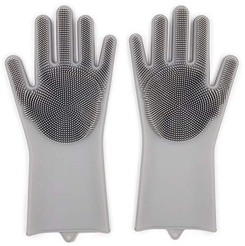 Zerotwo Geschirrhandschuhe, Silikon Spülhandschuhe mit Wash Scrubber Reinigungshandschuhe,Kitchen Gloves,Magische Handschuhe,Silikonhandschuhe für Küche, Abwasch, Tierpflege, Bad, Autowäsche (grau)