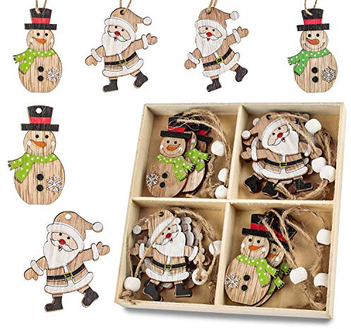 Décoration de Sapin de Noël en Bois à Suspendre, Ornements à Suspendre en Bois de Noël, Ensemble de Copeaux de Bois Décoratifs Colorés, Pendentif de Noël avec boîte de Rangement et écharpe (MZ801)