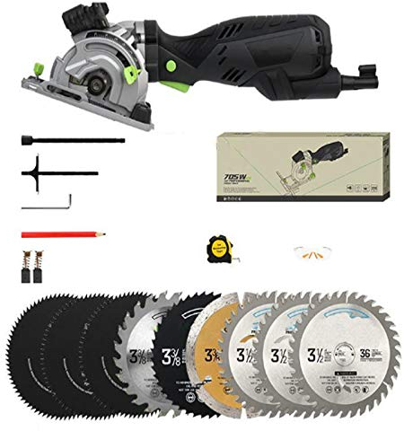 Scie Circulaire,705W 3500RPM Mini Scie Circulaire, 9 Lames, Profondeur de Coupe: 42.8/mm, pour Couper du Bois, du Métal Doux et des Carreaux de Céramique