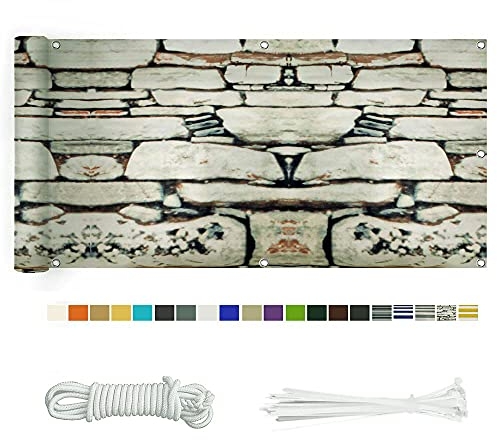 Balkon Sichtschutz, Balkonabdeckung 220 g/m² Innen Balkonverkleidung UV-Schutz (210Größen&21Farben) Ohne Bohren mit Ösen Kabelbinder und Kordel für Balkongeländer Terrasse,90X100CM Steinmuster