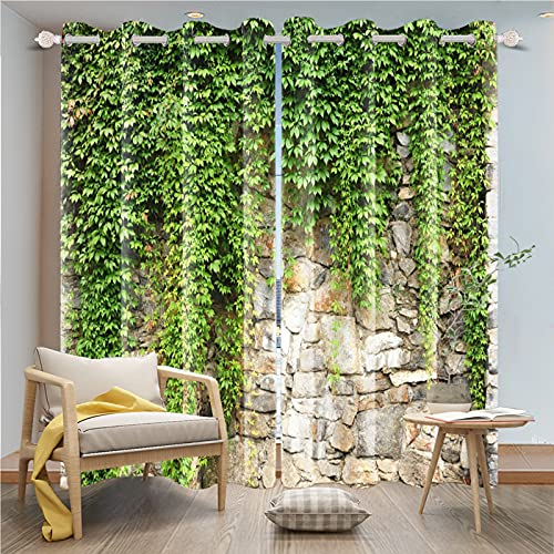 DORCEV Verdunkelungsvorhänge, Efeu-Blätter, Efeu-Grün, Fenstervorhänge, Steinmauer, Frühling, Landschaft, Blätter, Weinrebe, Vorhang, Ösenvorhang, für Wohnzimmer, Schlafzimmer, Dekoration, 107 x 213