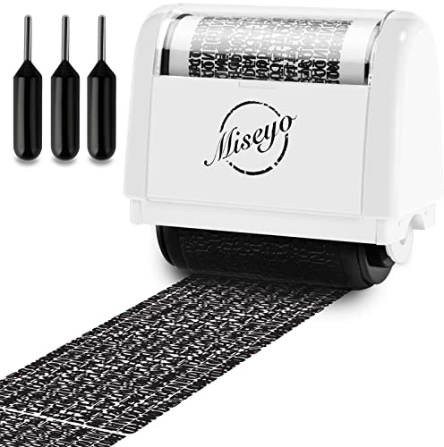 Miseyo Identity Theft Protection Roller Stamp Set - White (3 Refill Ink) | Personal Data Theft Prevention, Hiding Confidential Information,1.5inch Wide Address Blocker, Easy to Scroll, Refillable ink