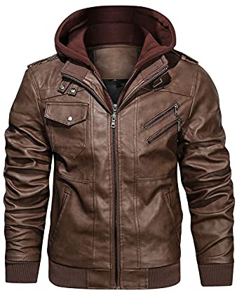 HOOD CREW Giacca casual da motociclista in pelle sintetica da uomo con cappuccio rimovibile, marrone, XL