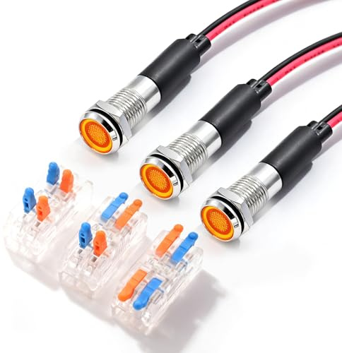 FILN 3Stück 8mm LED Metall Anzeigelampe 12V-24V DC Kontrollleuchte(Gelb) | (5/16)Kontrollleuchte Signallampe IP67 Wasserdichte Metallgehäuse mit Steckverbinder für Auto,Boot,Industrie,Schalttafel