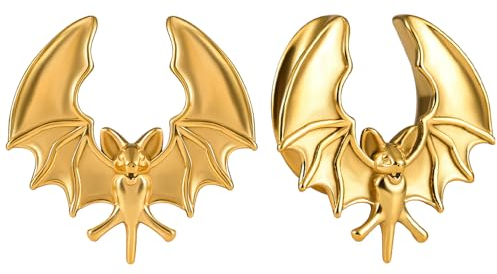 Vankula Ohr Tunnel 1 Paar Saddles Flesh Plugs Gothic Fledermaus Edelstahl für männer damen Ohrpiercing Gestreckte Schmuck 10mm(00G) Gold