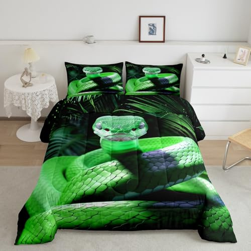 Snake Comforter Set Twin, Green Snake Duvet Insert, 3D Reptile Bedding Comforters, Green Scales Wild Animal Quilt Set Rainforest Palm Leaf Stylish Quilted Duvet For Kids Boys Teens Man Bedroom Decor