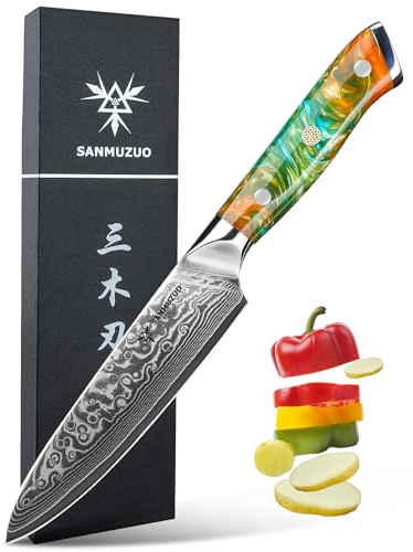 SANMUZUO Allzweckmesser Damastmesser 13 cm Klingenlänge - Japanisches Kochmesser - VG 10 Damaskus Stahl Küchenmesser mit Harzgriff - Xuan Serie(Dream Orange)