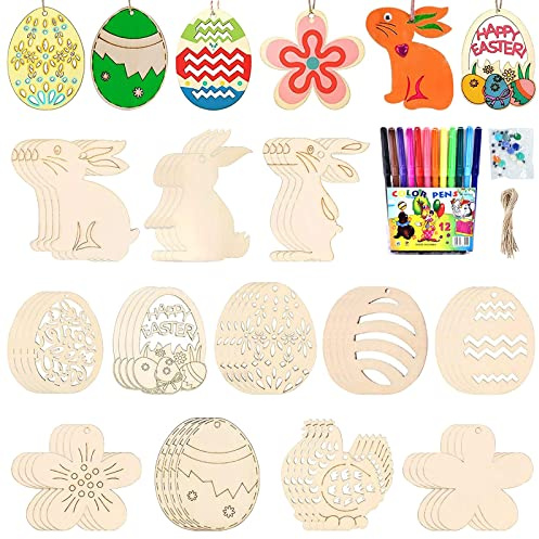 Ostern Basteln Kinder, Ostereier zum Aufhängen Holz, 144 Stk Holzanhänger Ostern Deko, Osterdeko Basteln Kinder, Osteranhänger Holz Stift+Selbstklebend Puppe Auge, Osterhase Deko, DIY Anhänger Ostern
