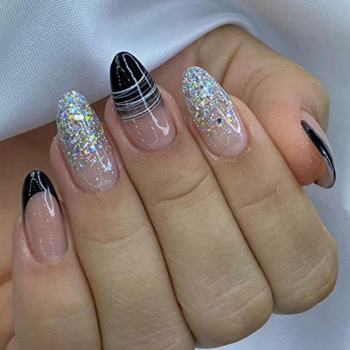 24 Stück Falsche Nägel Mandel Mittel, French Schwarz Künstliche Nägel mit Design, Glossy Glitzer Kunstnägel Nägel Zum Aufkleben, Acryl Fingernägel Fake Nails Kurz für Frauen Mädchen