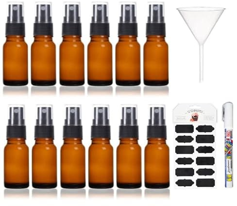 Aucomptoirdesflacons 12x Flacon spray vide 20ml verre avec pulvérisateur brume fine pour : pharmacie, parfum, huile essentielle, cosmétiques, aromathérapie... (avec accessoires) (20ml, Ambré)