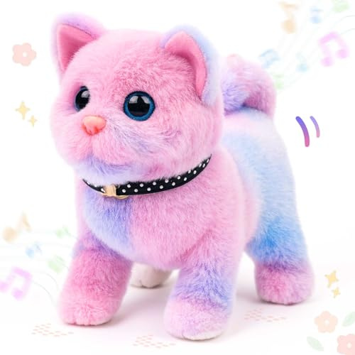 Easfan Walking Kitty Stuffed Animal Interactive Rainbow Cat Meowing Tail Wagging Head Nodding Educational Plush Toy Easter Christmas Birthday Gifts for Toddlers Kids Girls, 7
