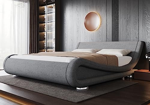 Allewie Queen Size Bed Frame with Ergonomic & Adjustable Headboard, Low Profile Modern Upholstered Platform Sleigh Design - Easy Assembly, No Box Spring Required, Grey