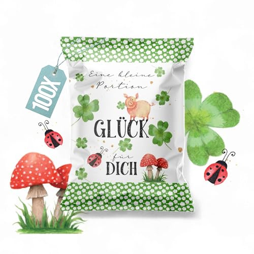 Viel Glück Geschenke Fruchtgummi Tütchen, 100 Stück: Kleine Gastgeschenke Glücksbringer für Prüfung, Silvester, Neujahr, Hochzeit, Kleeblatt 7 x 9 cm