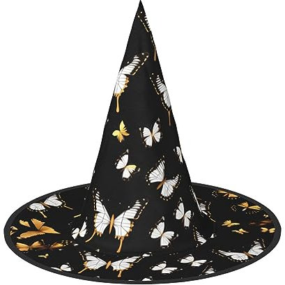FRESQA Goldene weiße Schmetterlinge, schwarz, stilvoller Hexenhut für Damen, Kostüm für Halloween, Halloween, Partyhut