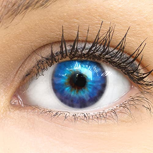 GLAMLENS Kontaktlinsen farbig mit Stärke farbige Cagliari Blue Monatslinsen weiche Linsen soft Hydrogel 2 Stück Farblinsen + Linsenbehälter natürliche Farben Serie (blau) -1.00 Dioptrien