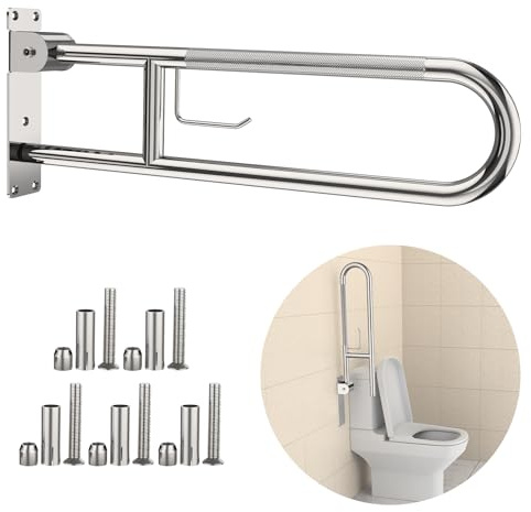 YuanDe WC-Haltegriff, 81,3 cm, klappbarer Haltegriff mit Papierhalter, poliertes Chrom, rutschfeste Sicherheitsstangen für Toilette, gerändelte WC-Griffe aus Edelstahl, für Senioren, Behinderte