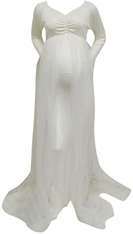 Vuncio Robe à Manche Longue Grossesse Shooting Photo Col en V Confortable Robe Maternité Fête Soirée Cérémonie Maxi Robe Grossesse Chic Et Elegant Pas Cher Mariage (White, L)