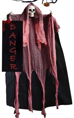 PAPU 150 cm Halloween Deko Hängende Geister mit Danger Schild,Horror Sensenmann Dekorationen Ghost zum Aufhängen Halloween Deko Gruselig Geist für Spukhaus-Requisiten,Garten Outdoor,Hof Rasen