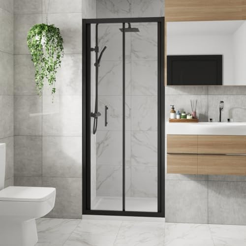 Blümme 760mm Bathroom Bi- Fold Door Shower Enclosures Matte Black Framed 6mm Glass Space Saving Shower Door