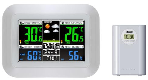 Hanzete Multifunctional Wireless Home/Office Weather Station Color Digital Display Clock 433MHz Outdoor and Indoor Temperature Tester Hygrometer Weather Forecast Table Clock