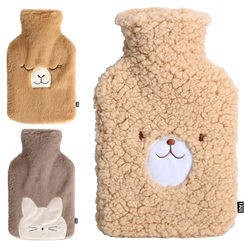 LKH Hot Water Bottle with Cover UK - 1L Leak-Resistant BPA Free Rubber Hot Water Bag with Super Soft Sherpa Cover - Neck, Shoulder & Period Pain Relief Warm Water Bottle - Hot & Cold Massaging